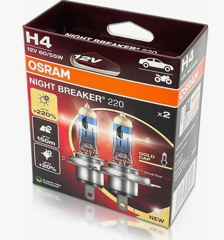 Галогеновые лампы OSRAM Night Breaker 220 +220% H4 картон Галогеновые лампы OSRAM Night Breaker 220 +220% H4 картон